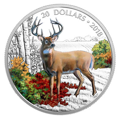 RCM-New-Release:-2018-1-Oz-Pure-Silver-Coloured-Coin:-Majestic-Wildlife:-Wandering-White-Tailed-Deer